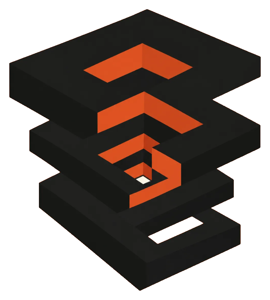 Tensor Atlas: black layered slabs with orange cutouts revealing a glowing core between the layers